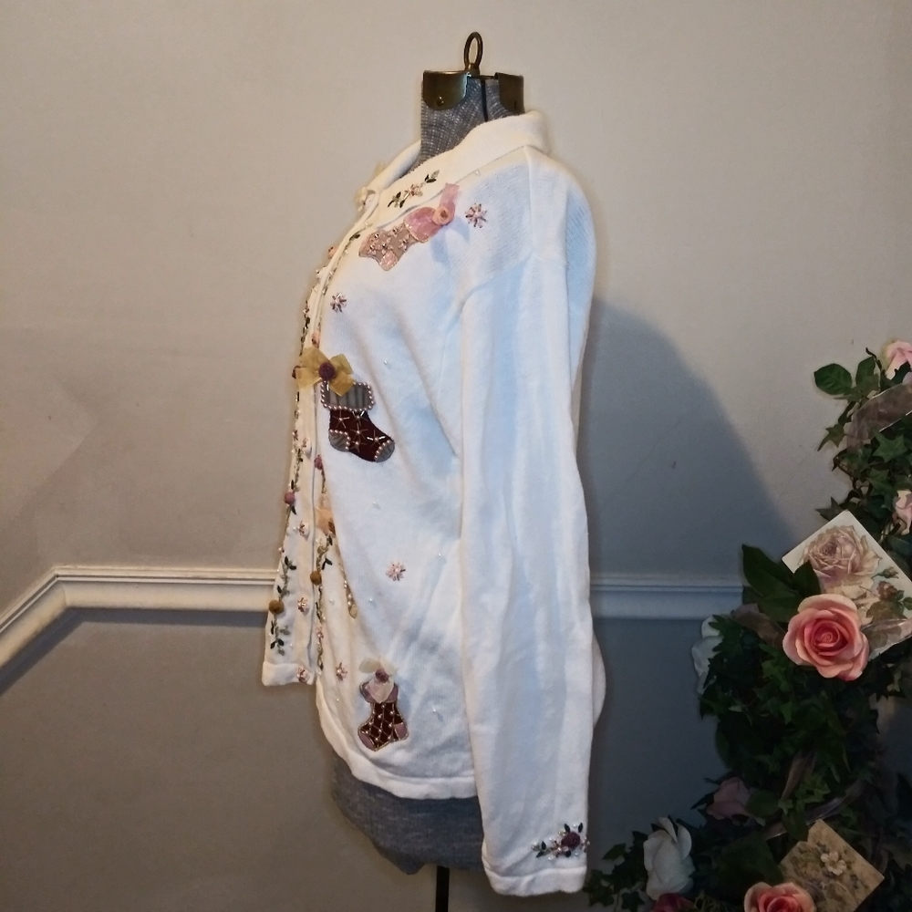 Vintage Pearl/Ribbon Trimmed Cottagecore Style "Ugly" Christmas Stocking Sweater - Picture 10 of 14